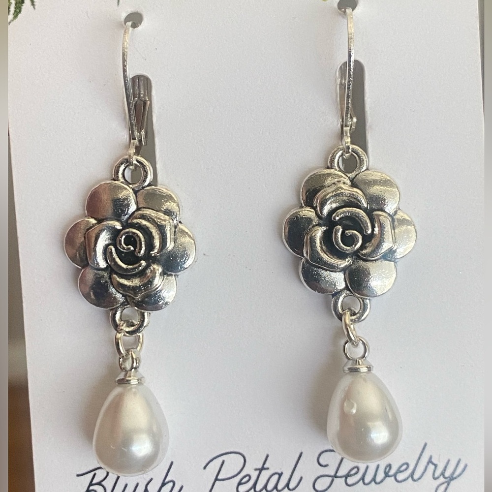 Silver Rose Drop Earrings with Pearl Teardrop